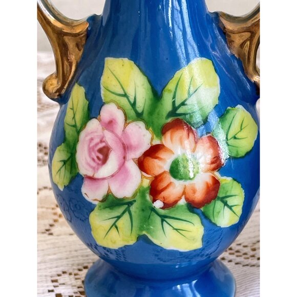 Vintage Pair 1950s Small Hand Painted Blue Flower Vases - Picture 6 of 11